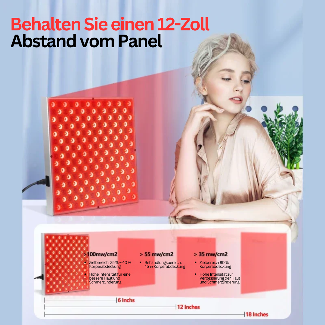 Rotes LED-Lichttherapiepanel, 12-Zoll, Hautpflege, Anti-Aging, Wellness, Frau daneben.