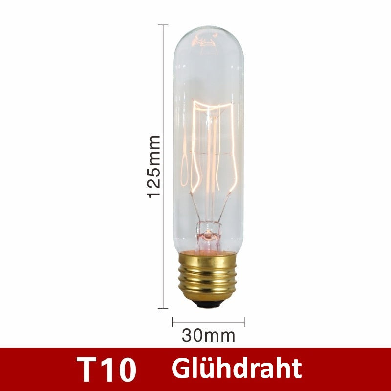 T10 Glühdraht-Glühbirne, 125mm, E27-Sockel, transparent, Vintage-Stil, energiesparend.