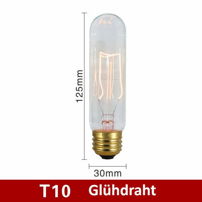 T10 Glühdraht-Glühbirne, 125mm, E27-Sockel, transparent, Vintage-Stil, energiesparend.
