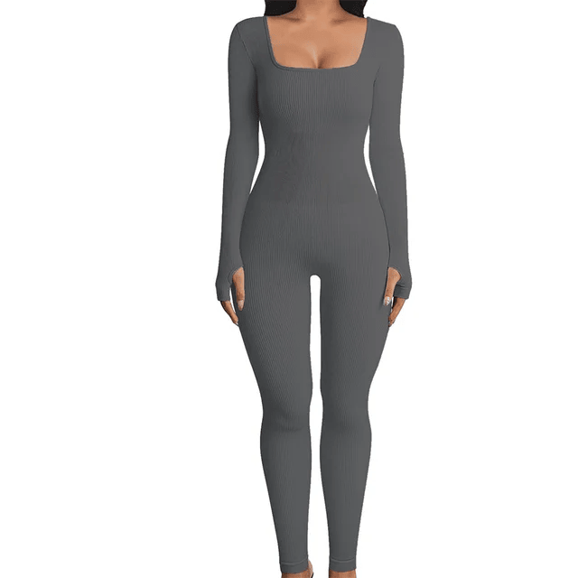 Grauer langärmeliger Jumpsuit für Damen, figurbetont, Shapewear, modisch, bequem.