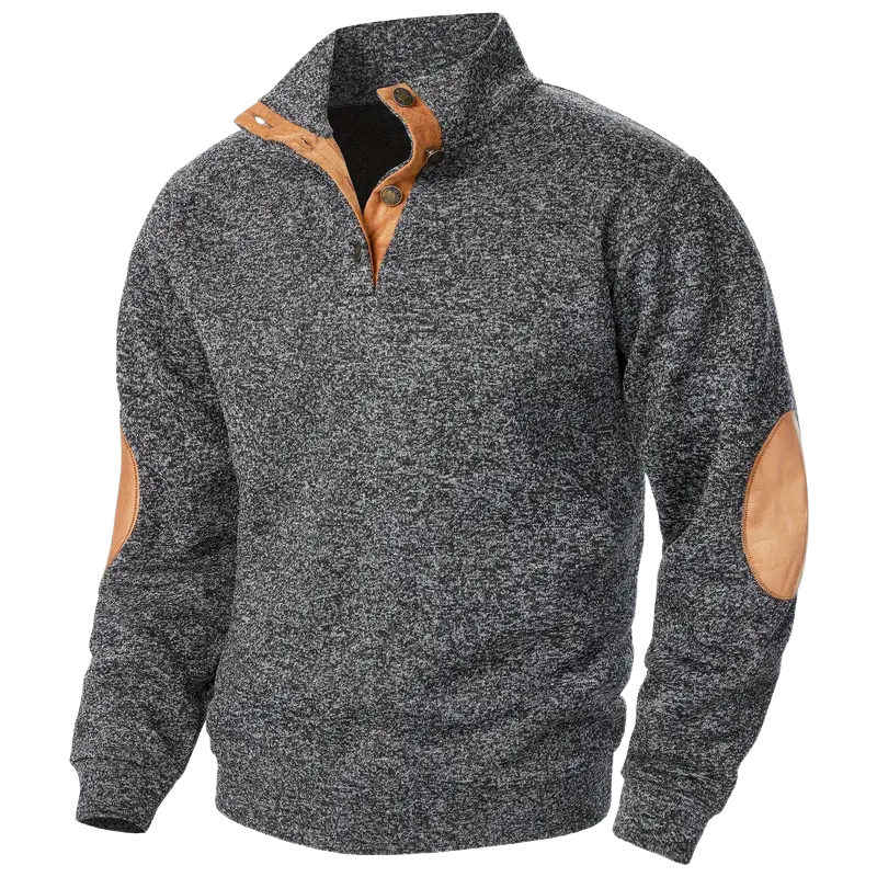 Grauer Herrenpullover mit braunen Ellbogen-Patches und Knopfleiste, Strick, modisch.