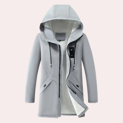Grauer Damenmantel mit Kapuze, Fleece-Innenfutter, Reißverschluss, Winterjacke, modisch.