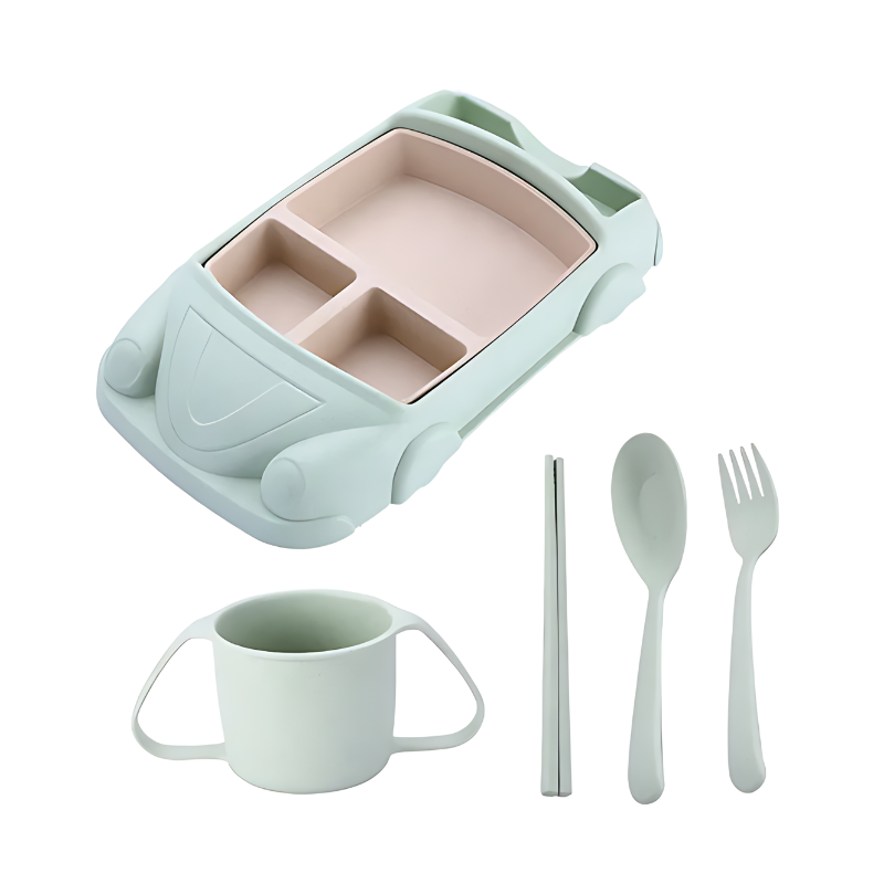 Grüner Auto-Kinderteller mit Besteck und Tasse, BPA-frei, umweltfreundlich, Geschirrset.