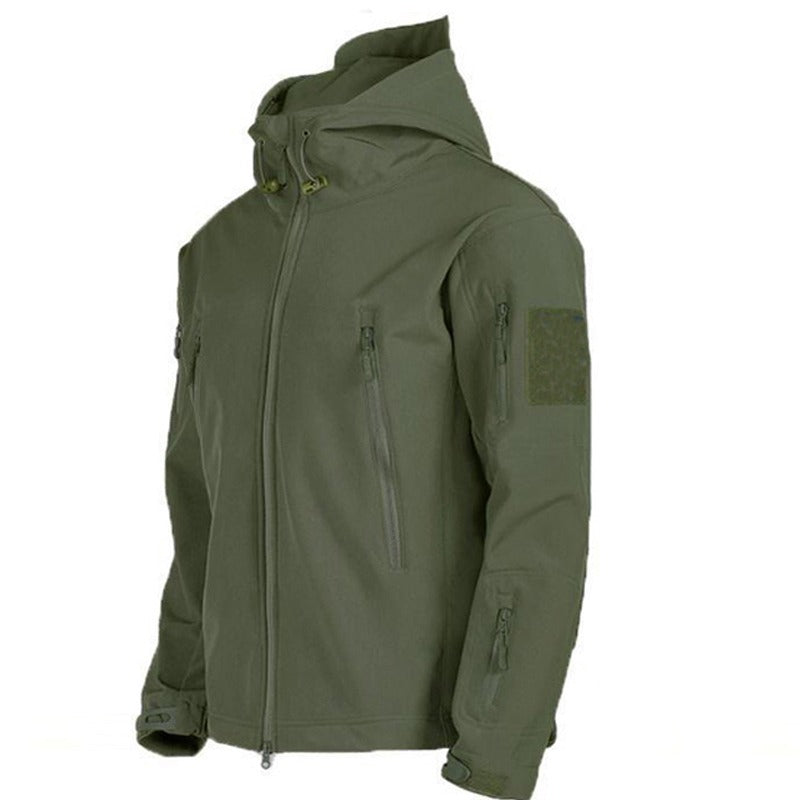 Grüne taktische Jacke mit Kapuze, wasserabweisend, für Herbst und Winter.