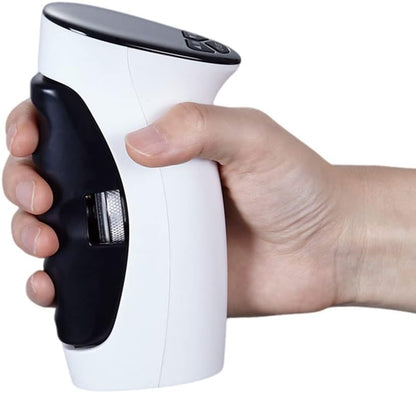 Hand hält weißen elektrischen Dosenöffner, ergonomisches Design, Küchengerät.