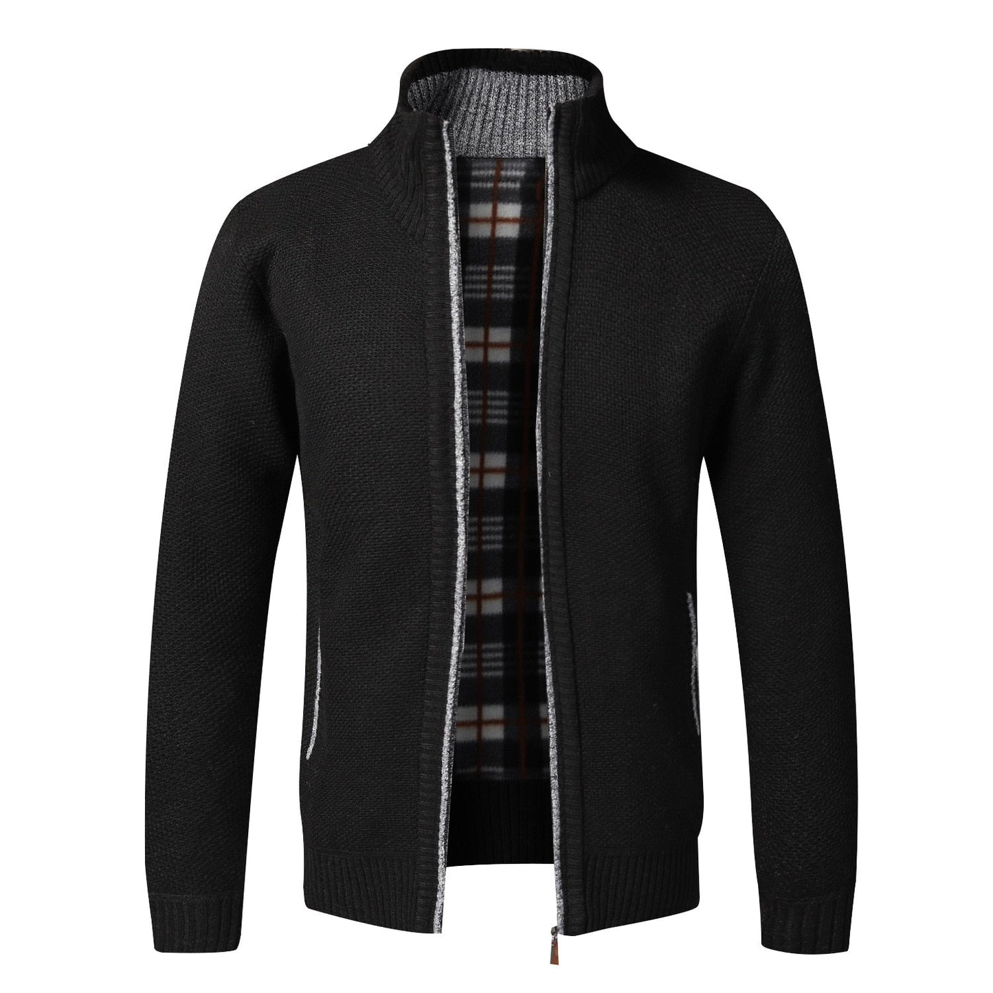 Schwarze Strickjacke mit Reißverschluss, kariertes Innenfutter, Herrenmode, warm, elegant.