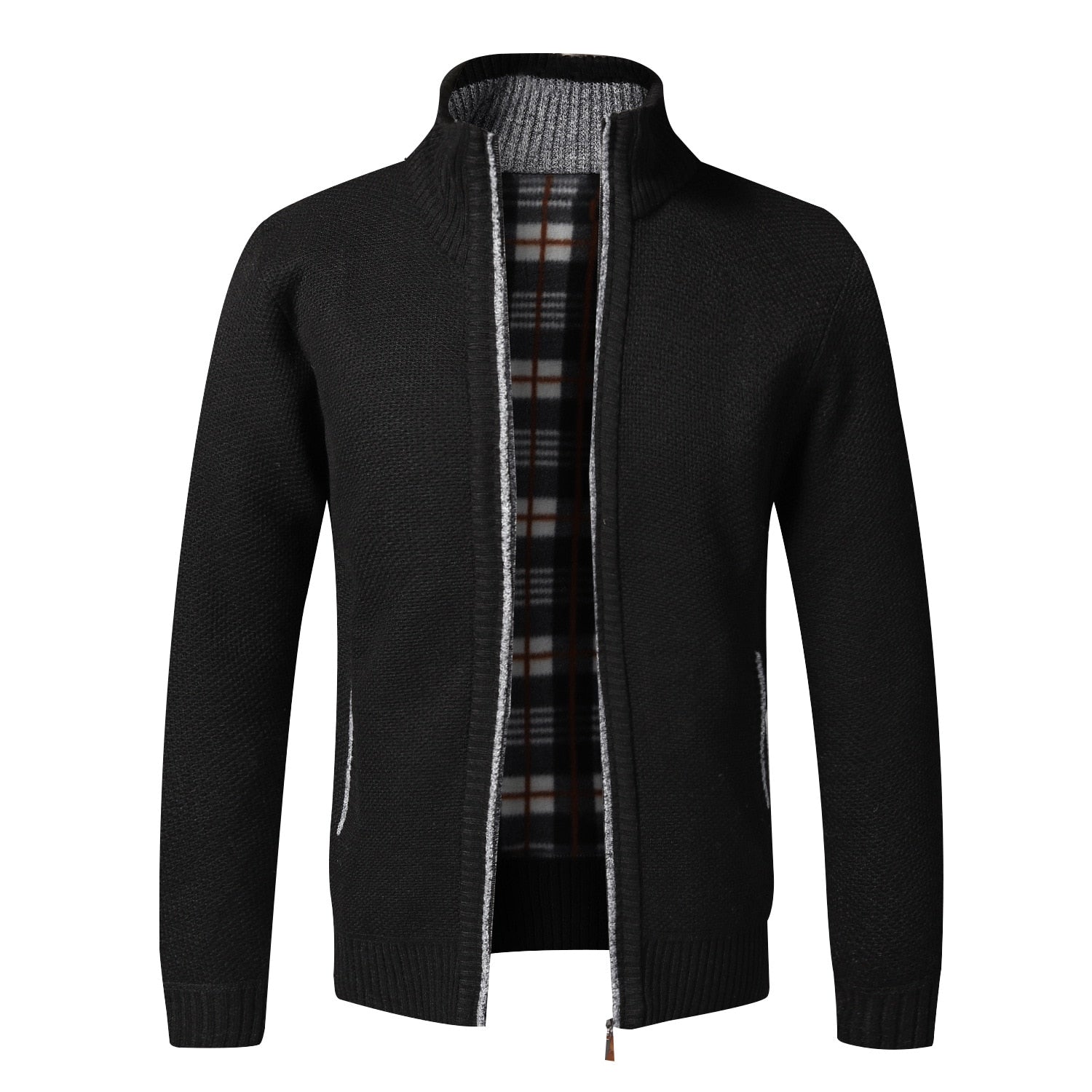 Schwarze Strickjacke mit Reißverschluss, kariertes Innenfutter, Herrenmode, warm, elegant.