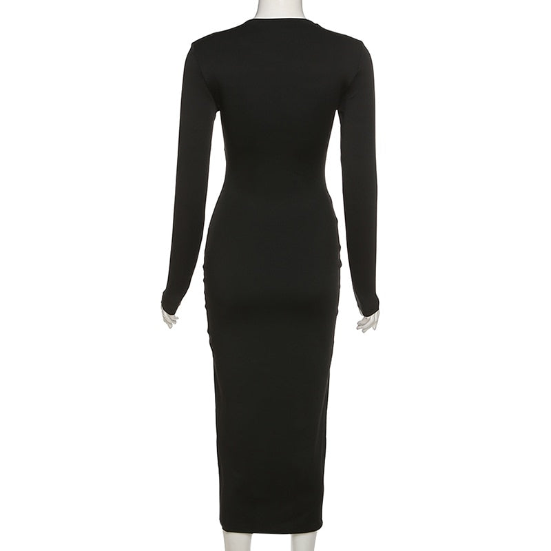 Schwarzes langärmeliges Bodycon-Kleid, knielang, figurbetont, elegantes Design.