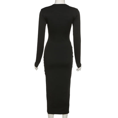 Schwarzes langärmeliges Bodycon-Kleid, knielang, figurbetont, elegantes Design.