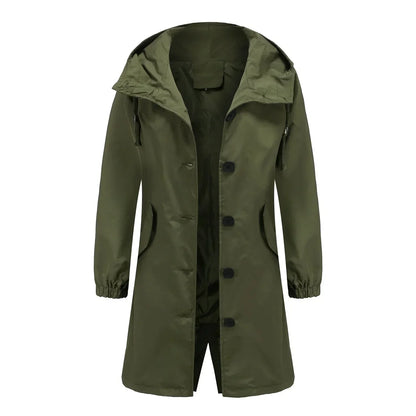 Grüne Damen-Regenjacke mit Kapuze, wasserdicht, Outdoor-Bekleidung, modisch.