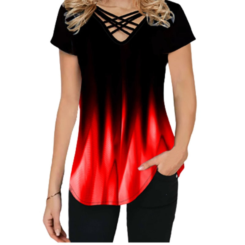 Schwarzes Damen-T-Shirt mit rotem Farbverlauf und V-Ausschnitt, lässig, modisch.