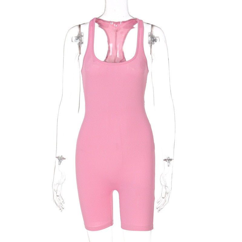 Rosa ärmelloser Jumpsuit Damen, gerippt, sportlich, bequem, Freizeitmode.