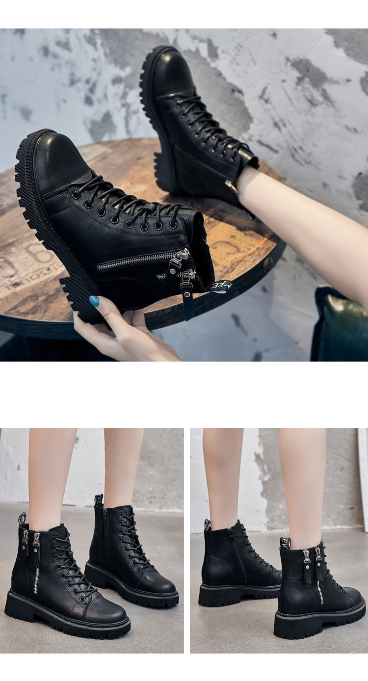 Schwarze Damenstiefel aus Leder mit Reißverschluss, Schnürung, robuster Sohle, modisch, bequem.