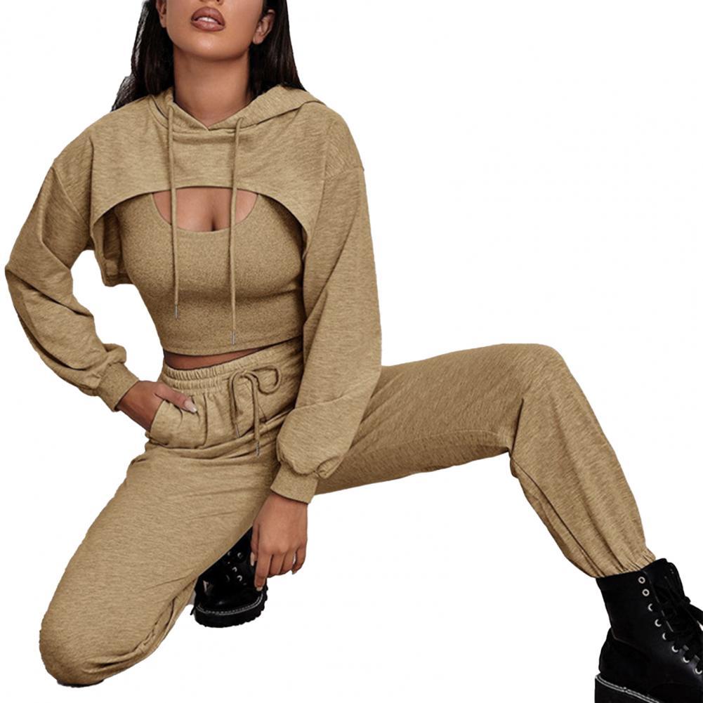 Damen Jogginganzug beige, Kapuzenpullover und Jogginghose, Freizeitmode, bequemes Set