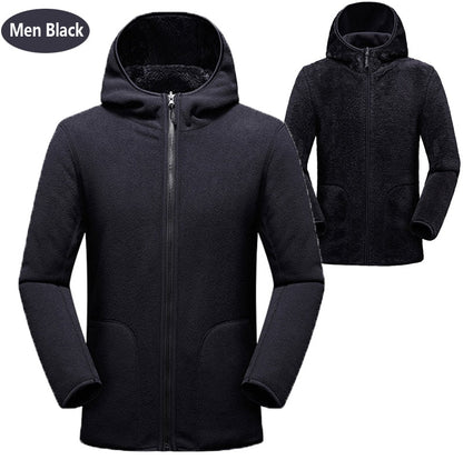 Schwarze Herren-Fleecejacke mit Kapuze, Reißverschluss, warm, modisch, Winterbekleidung.