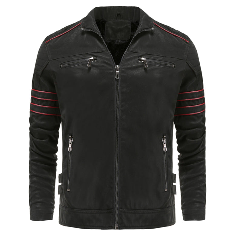 Schwarze Lederjacke mit roten Streifen, Reißverschlusstaschen, Herrenmode, Biker-Stil.
