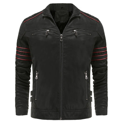Schwarze Lederjacke mit roten Streifen, Reißverschlusstaschen, Herrenmode, Biker-Stil.