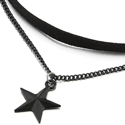 Schwarze Stern-Halskette aus Leder und Metall, modisches Accessoire für Damen und Herren.