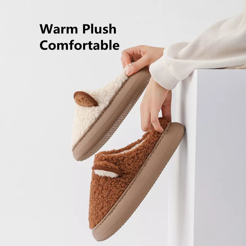 Plüsch-Hausschuhe, braun und beige, warm, bequem, rutschfest, für Damen und Herren.