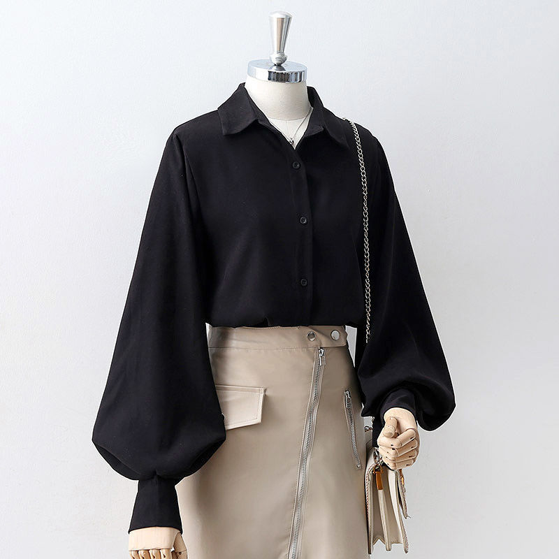 Schwarze Bluse Damen, lange Ärmel, Knopfleiste, elegantes Design, Büro-Mode, Baumwolle.