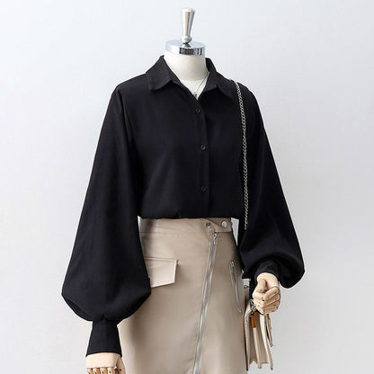 Schwarze Bluse Damen, lange Ärmel, Knopfleiste, elegantes Design, Büro-Mode, Baumwolle.