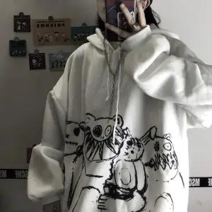 Weiße Kapuzenjacke mit abstraktem Tierdruck, Unisex, Baumwolle, lässiger Stil.