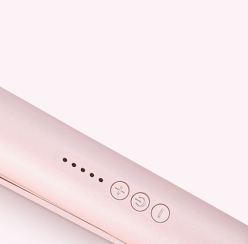 Rosa elektrischer Haarglätter mit Bedientasten, tragbar, kabellos, Haarstyling-Gerät.