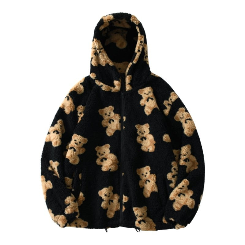 Schwarze Teddyfelljacke mit Kapuze und Bärenmuster, warm, modisch, Unisex, Winterbekleidung.