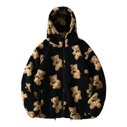 Schwarze Teddyfelljacke mit Kapuze und Bärenmuster, warm, modisch, Unisex, Winterbekleidung.