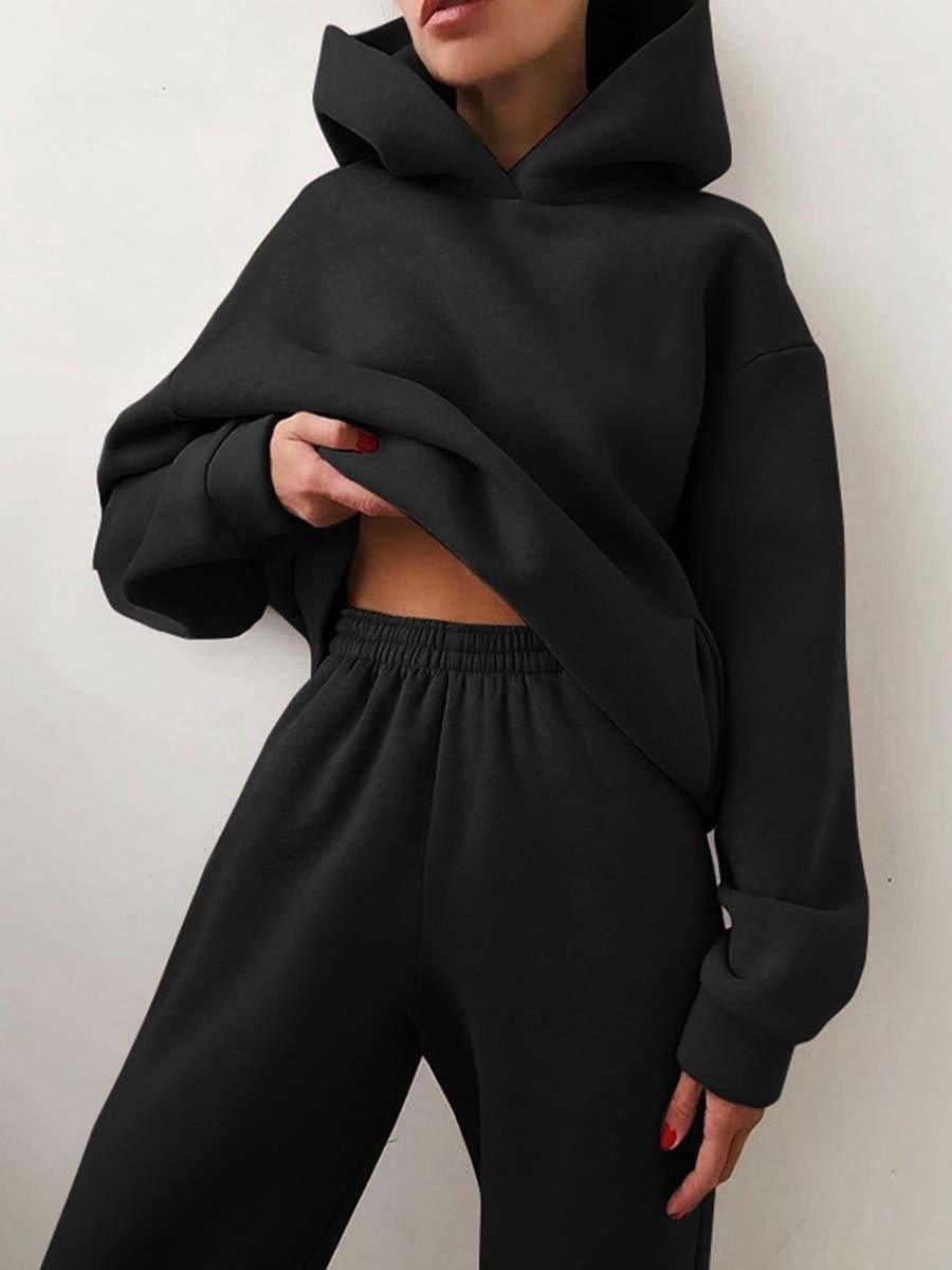 Damen Kapuzenpullover Set, schwarz, lässig, bequem, Freizeitmode, Herbst-Winter-Outfit.