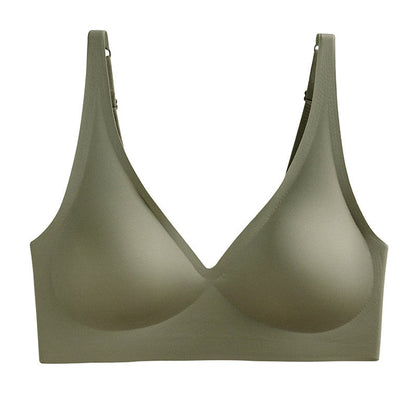 Grüner nahtloser Damen-BH, V-Ausschnitt, verstellbare Träger, bequem, elastisch.
