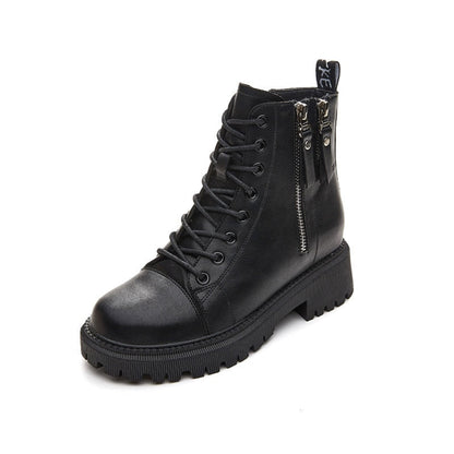 Schwarzer Damenstiefel mit Reißverschluss, Schnürung, Lederoptik, robuster Sohle.