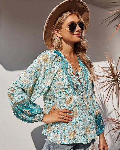 Vintage Boho sommarblus med blommönster och långa ärmar – Sana