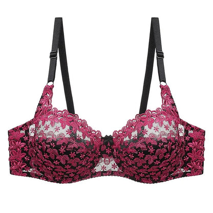 Schwarzer und pinker Spitzen-BH, verstellbare Träger, florales Design, Damenunterwäsche.