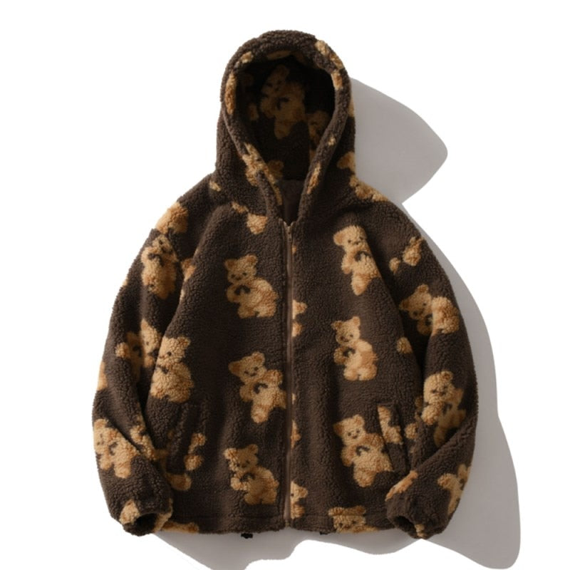 Braune Teddyfleece-Jacke mit Kapuze und Bärenmuster, warm und kuschelig für den Winter.