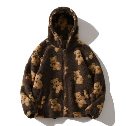 Braune Teddyfleece-Jacke mit Kapuze und Bärenmuster, warm und kuschelig für den Winter.