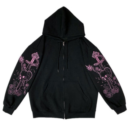 Schwarzer Kapuzenpullover mit rosa Totenkopf-Design, Reißverschluss, Unisex, Baumwolle.