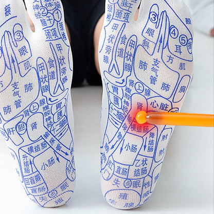 Reflexzonen-Socken mit blauen Akupressurpunkten, weiß, Fußmassage, Gesundheitsförderung.