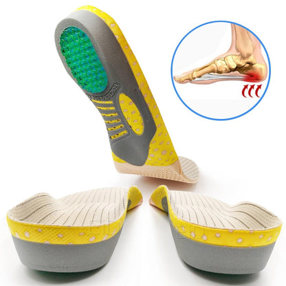 Gel-Einlegesohlen für Fußschmerzen, gelb-grau, orthopädisch, stoßdämpfend, Fußgewölbeunterstützung.