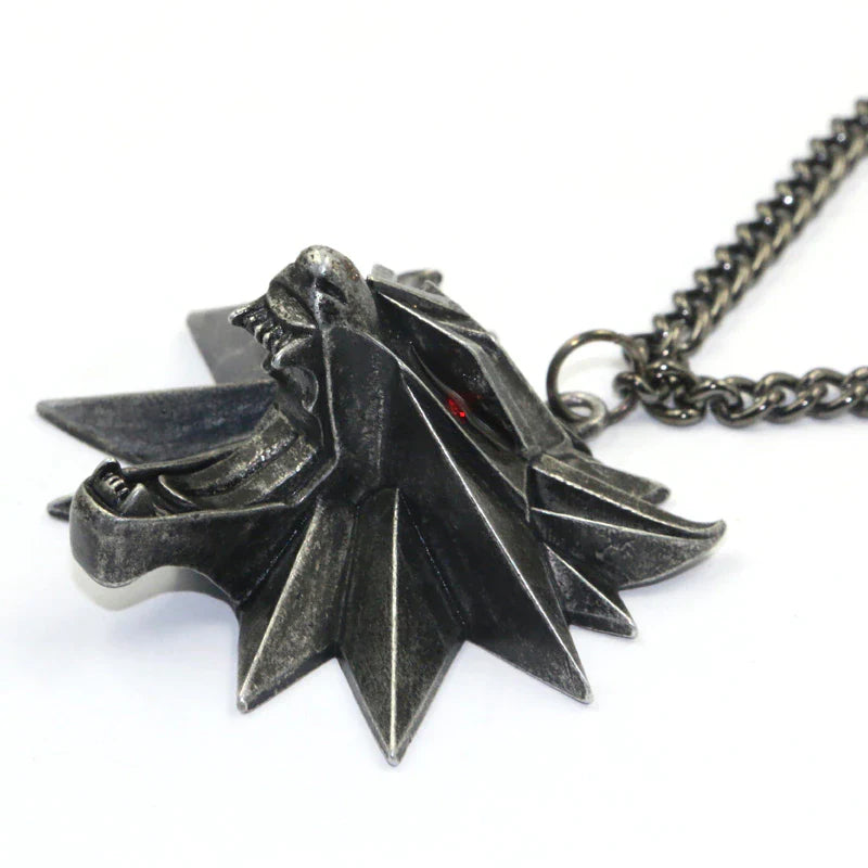 Silberner Wolfskopf-Anhänger, Edelstahl, rotes Auge, Herrenschmuck, Kettenhalskette.