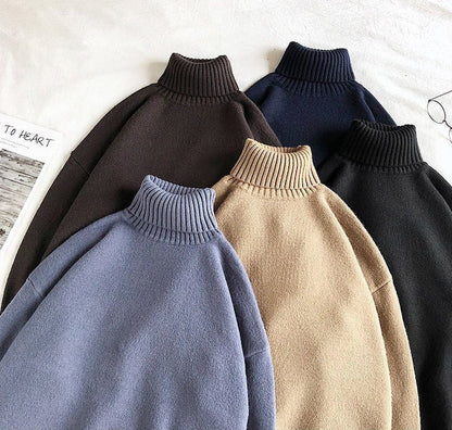 Fünf Rollkragenpullover aus Wolle in Blau, Braun, Beige und Schwarz auf weißem Hintergrund.
