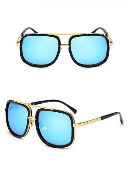 Sonnenbrille Herren, blau getönte Gläser, gold-schwarzer Rahmen, modisch, UV-Schutz.