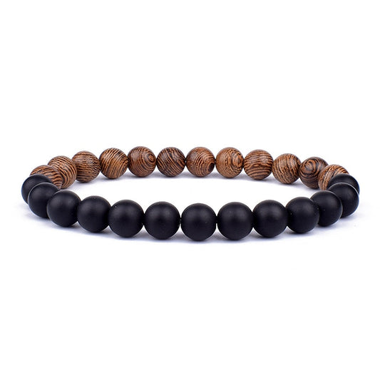 Schwarzes und braunes Perlenarmband aus Holz und Onyx, elastisch, Unisex-Schmuck.