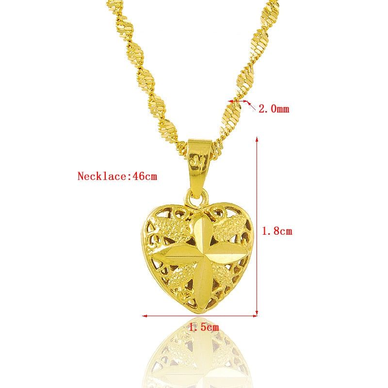 Goldene Herz-Halskette mit Kreuz, 46 cm, 2 mm Kette, elegantes Schmuckdesign.