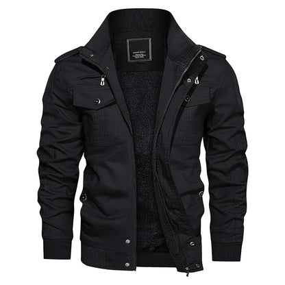 Schwarze Herrenjacke, Reißverschluss, Baumwolle, modisch, Outdoor, Herbstmode, warm, stilvoll.