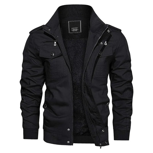 Schwarze Herrenjacke, Reißverschluss, Baumwolle, modisch, Outdoor, Herbstmode, warm, stilvoll.