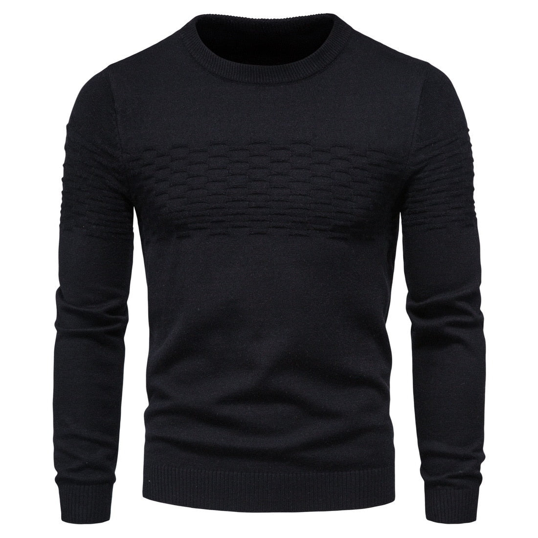 Schwarzer Herrenpullover, Strickmuster, Rundhalsausschnitt, Langarm, modisch, warm.