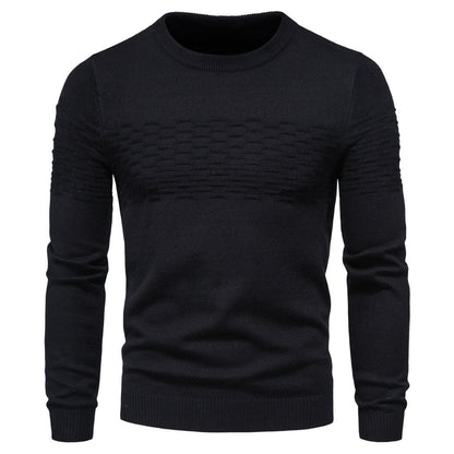 Schwarzer Herrenpullover, Strickmuster, Rundhalsausschnitt, Langarm, modisch, warm.
