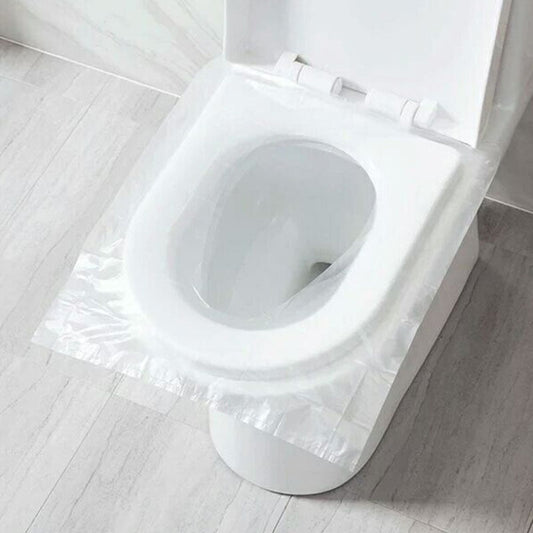 Toilettensitz mit Einweg-Schutzfolie, weiß, hygienisch, Badezimmerzubehör, rutschfest.
