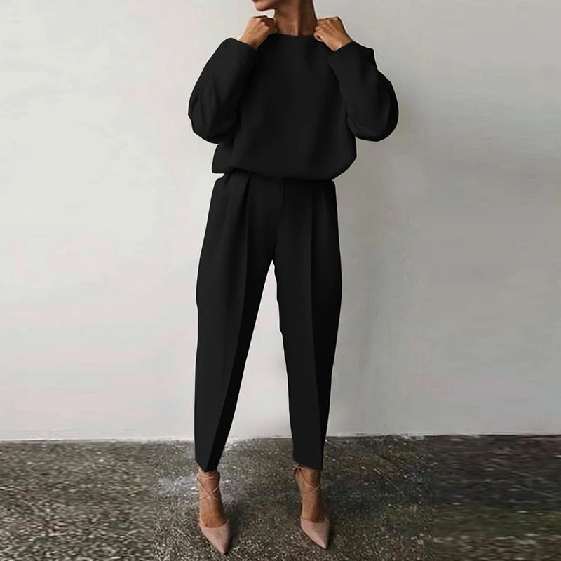 Damen Zweiteiler Set, schwarz, langärmelig, Hose, elegantes Outfit, modisch, bequem.